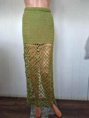 EDIKTED Green Ida Back Slit Crochet Maxi Skirt - Size L